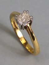 18ct yellow gold hallmarked, cushion cut solitaire diamond ring approximately size M, 3.18g total