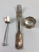 Hallmarked silver items to include napkin ring, fork and interesting shaped spoon total weight