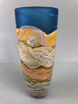 Art Glass, Hand blown studio glass vase, blue frosted glass with marble pattern in tones of brown