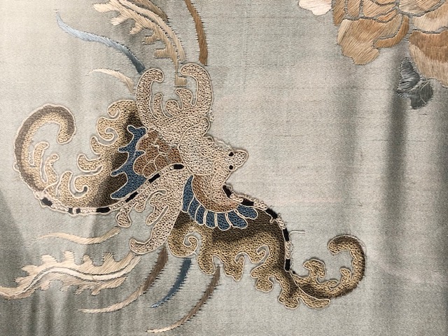 Antique Chinese Silk embroidered panel decorated with designs symbolising health wealth and - Image 5 of 6