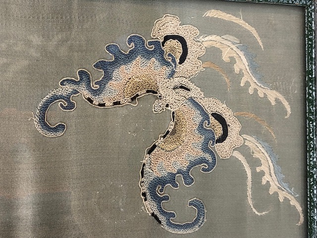 Antique Chinese Silk embroidered panel decorated with designs symbolising health wealth and - Image 4 of 6