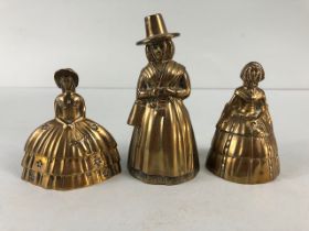 Brass bells, 3 vintage bells in the form of ladies, 2 in crinoline dresses the other in welsh