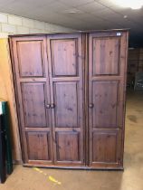 Pine furniture, dark stained pine triple wardrobe, double door section for hanging clothes and