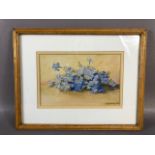 Framed water colour painting of blue flowers, signed in bottom corner Amy H Beetham Mills, 35 x 28