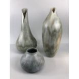 Studio pottery, Art ceramics, Three stoneware vases of organic form with matching Viridian green