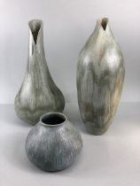 Studio pottery, Art ceramics, Three stoneware vases of organic form with matching Viridian green