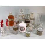 Apothecary Chemist, quantity of vintage glass chemist bottles and jars some with labels, 18 items in