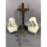 Religious interest, a collection of items to include busts of Jesus and Mary, wooden crucifix on