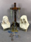 Religious interest, a collection of items to include busts of Jesus and Mary, wooden crucifix on