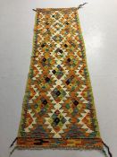 Oriental Rug, Wool hand Knotted Chobi Kilim Runner, colourful geometric designs , approximately