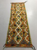 Oriental Rug, Wool hand Knotted Chobi Kilim Runner, colourful geometric designs , approximately