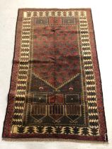 Oriental Carpet, Hand Knotted Baluchi Rug geometric designs on cream and red background