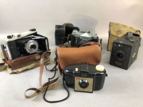 Vintage Cameras, to include Ensign box camera in case, Kodak Sterling II in case, Kodak Brownie
