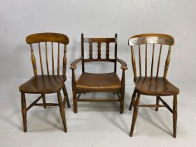 Antique furniture, 19th century smoking chair with arms, leather seat with stud decoration to