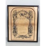 Antique French menu for the Grand Tirinternational Banquet 21 Sep 1869 in a frame approximately 27 x