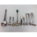 Collection of hallmarked silver spoons, sugar nips, salt spoons etc total eight pieces