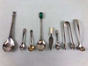 Collection of hallmarked silver spoons, sugar nips, salt spoons etc total eight pieces