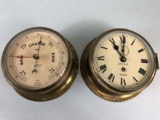 Ships Clock and Barometer, a of brass cased Marine clock by F Smith and |son Southampton with