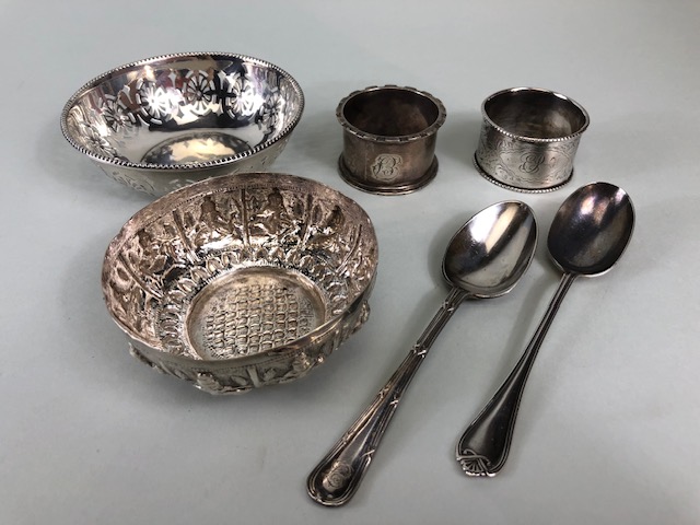 Antique Silver, 2 English hallmarked napkin rings, 2 hallmarked tea spoons, hallmarked openwork