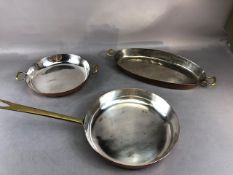 Copper pans, three copper pans with brass handles, Hepp international, Sauté pan and 2 Gratin pans