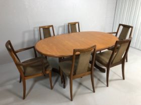 Mid century Furniture, teak G plan dining table and chairs, oval extending table with honey top with