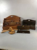 Miscellaneous Items, being 2 Vintage wooden desk top letter racks, a tie press , wooden Gavel and