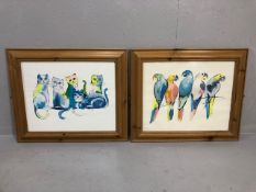 Modern pictures, two pine Framed colourful prints one of a group of cats the other a group of