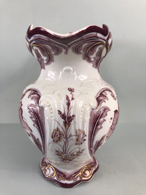 Decorative China, large Victorian water jug decorated with magenta flowers on a white background and - Image 5 of 8