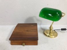 Desk lamp, modern bankers table lamp with green shade on brass style base and a modern wooden desk