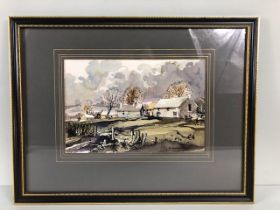 Water Colour and Ink painting of a farm yard by Ray J Weston 1987 in modern frame, approximately