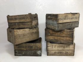 Wooden Crates, six vintage stackable wooden apple or farm crates with stenciled company names,