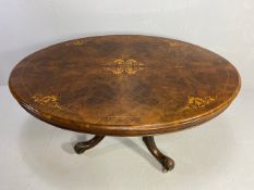 Antique furniture, !9th Century oval top dining table, burr walnut veneer top with marquetry