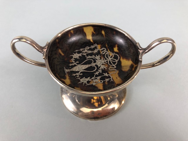 Antique English Silver pin dish shaped as an urn, faux tortoise shell bowl silver inlaid - Image 2 of 6