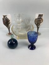 Art studio glass, hand blown speckled blue glass stemmed beaker signed to base Daum+Nancy France,