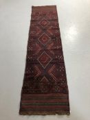 Oriental carpet, Wool hand knotted Meshwani Runner, Geometric design on red background approximately