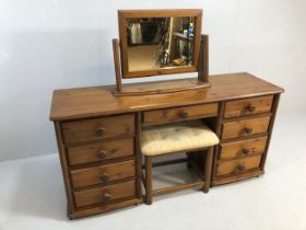 Pine Furniture, modern dressing table on casters, knee hole with 4 drawers each side, matching stool