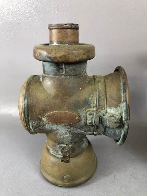 Antique Brass ware, comprising of a brass Imperial Lamp, Chesnut roaster, water jug with impressed - Image 6 of 8