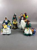 Royal Doulton figurines, 4 figures to include The Mask Seller 2103, Silks and Ribbons 2017, Biddy