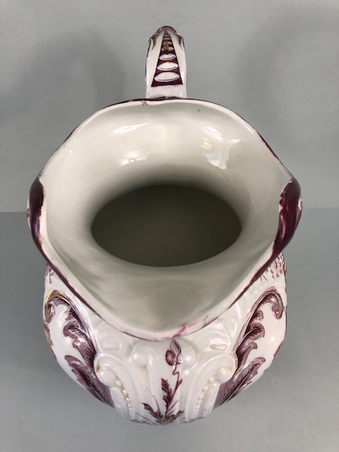 Decorative China, large Victorian water jug decorated with magenta flowers on a white background and - Image 6 of 8