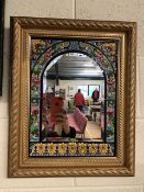 Decorative mirror, modern arched bevel edged mirror with Moorish style enamel surround set in a