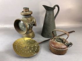 Antique Brass ware, comprising of a brass Imperial Lamp, Chesnut roaster, water jug with impressed