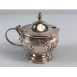Antique English Hallmarked Silver Birmingham 1896, covered salt pot, repose scroll design hinged lid