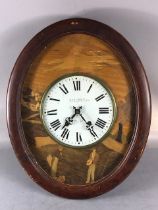 Antique wall clock, French wooden framed oval wall clock , white painted dial with roman numerals