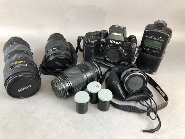 Camera equipment, Nikon F 4 camera body, Nikon ED 80-200 zoom lens 1:28D, Nikon 24-120mm lens ,