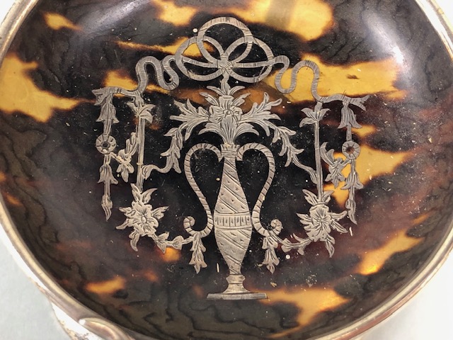 Antique English Silver pin dish shaped as an urn, faux tortoise shell bowl silver inlaid - Image 3 of 6