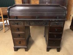 Vintage furniture, 20th Century roll top knee hole desk with run of 4 drawers each side and