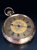 Victorian 18ct yellow gold fob watch, the beautifully engraved case set with a fruit decorated