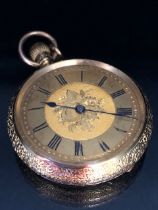 Victorian 18ct yellow gold fob watch, the beautifully engraved case set with a fruit decorated