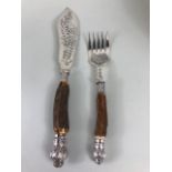 Antique Victorian Fish servers with silver mounted stag horn handles Mappin and Webb London