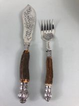Antique Victorian Fish servers with silver mounted stag horn handles Mappin and Webb London